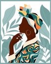 African woman in a colorful national headdress on a background of tropical leaves. Illustration, poster, wall art