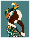 African woman in a colorful national headdress and dress. Illustration, poster, wall art