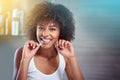 African woman, dental floss and smile in bathroom for oral wellness, health and benefits for mouth in portrait. Girl Royalty Free Stock Photo