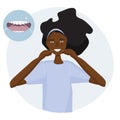 African woman flossing her teeth. Example of care - open mouth with tongue and healthy clean teeth. Mouth hygiene every day Royalty Free Stock Photo