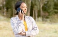 African woman, forest and phone call for talk, question or thinking for interest, focus or idea on grass in summer