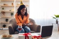 African Woman Having B-Day Party Showing Cake To Laptop Indoor Royalty Free Stock Photo