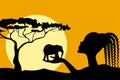 African woman holds elephant in her hand. Black silhouette on the background of sunset in Africa.Wildlife protection concept