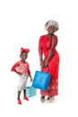 African woman and little girl in traditional clothing with tote bags.Isolated Royalty Free Stock Photo