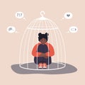 African woman locked in cage. Unhappy female character sitting on floor and hugging knees. Female empowerment movement