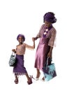 African woman and lovely little girl in traditional clothing with tote bags.Isolated Royalty Free Stock Photo