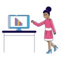African woman presenting bar graph on computer screen. Businesswoman analyzing chart. Corporate presentation vector Royalty Free Stock Photo