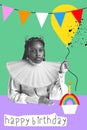 African woman, royal person, queen celebrating birthday with cake and air balloon. Creative design. Poster