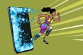 African woman runner disabled leg with prosthesis Phone gadget smartphone. Online Internet application service program