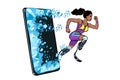 African woman runner disabled leg with prosthesis Phone gadget smartphone. Online Internet application service program