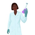 African woman scientist holding a sample of liquid. Vaccine research concept.