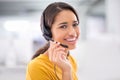 African woman, smile and headset in portrait talking and helping customer in call center. Professional consultant Royalty Free Stock Photo