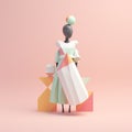 African woman standing upright delicate colors red yellow green, 3d geometric figure