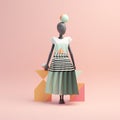 African woman standing upright delicate colors red yellow green, 3d geometric figure