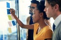 African woman, sticky notes writing and team business meeting with moodboard and planning with collaboration. Company Royalty Free Stock Photo