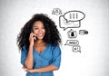 African woman talking on the phone, network doodle and social media Royalty Free Stock Photo