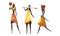 African Woman Wearing Tribal Clothing Carrying Heavy Pottery Vessel on Her Head Vector Set