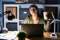 African woman working using computer laptop at night looking sleepy and tired, exhausted for fatigue and hangover, lazy eyes in Royalty Free Stock Photo