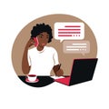 African woman works on a laptop computer and talks on the phone sitting at a table at home with a Cup of coffee and papers. Vector