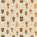 African wooden masks seamless pattern, hand drawn ethnical wallpaper, colorful background