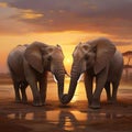 African elephants at sunset World wildlife day concept. generative AI