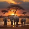 African elephants at sunset World wildlife day concept. generative AI