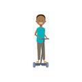 African young boy riding kick electro scooter over white background. cartoon full length character. flat style