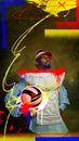 African young man, medieval royal person in cap, playing beach volleyball on dark background with abstract doodles