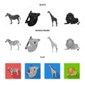 African zebra, animal koala, giraffe, wild predator, lion. Wild animals set collection icons in black, flat, monochrome Royalty Free Stock Photo