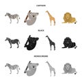 African zebra, animal koala, giraffe, wild predator, lion. Wild animals set collection icons in cartoon,black,monochrome Royalty Free Stock Photo