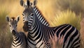 A mother zebra and its offspring staring intently in the zoo generative AI Royalty Free Stock Photo