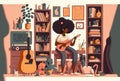 AfricanAmerican woman musician playing some instruments at home. Minimalist illustration. Generative AI illustration