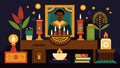 An Africaninspired altar adorned with candles flowers and pictures of ancestors lit in honor of Juneteenth.. Vector