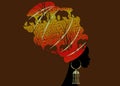 Portrait beautiful silhouette African woman in traditional turban, Kente head wrap Afro, Traditional dashiki printing Batik style