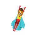 Afro american boy character dressed as a super hero flying in the traditional heroic pose cartoon vector Illustration