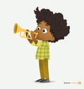 Afro American Boy in Green Shirt Play on Trumpet Royalty Free Stock Photo