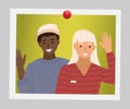 Afro american boy waves hand. Male character is standing next to the girl vector illustration Royalty Free Stock Photo