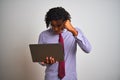 Afro american businessman with dreadlocks using laptop over isolated white background annoyed and frustrated shouting with anger, Royalty Free Stock Photo