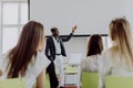 Afro-american businessman making presentation of a business plan on the flipchart. Business conference. Business meeting Royalty Free Stock Photo