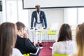 Afro-american businessman making presentation of a business plan on the flipchart. Business conference. Business meeting Royalty Free Stock Photo