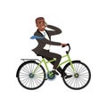 Afro-American businessman riding bicycle and talking on phone. Cartoon young guy in formal black suit with blue tie