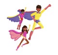 Afro American family superheroes father and children fly together