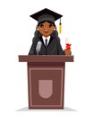 Afro american female graduate solemn education woman graduation tribune speech african character flat design vector Royalty Free Stock Photo