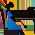 Afro-American female jazz musician pianist playing a piano in an abstract cubist style painting