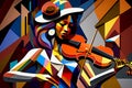 Afro-American female jazz musician violinist playing a violin or viola in an abstract cubist style painting