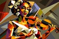 Afro-American female jazz musician violinist playing a violin or viola in an abstract cubist style painting