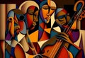 Afro-American female and male classical musician orchestra playing a cello in an abstract cubist style painting Royalty Free Stock Photo