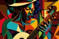 Afro-American female musician guitarist playing an acoustic guitar in an abstract cubist style painting