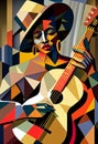 Afro-American female musician guitarist playing an acoustic guitar in an abstract cubist style painting