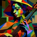 Afro-American female musician guitarist playing an acoustic guitar in an abstract cubist style painting Royalty Free Stock Photo